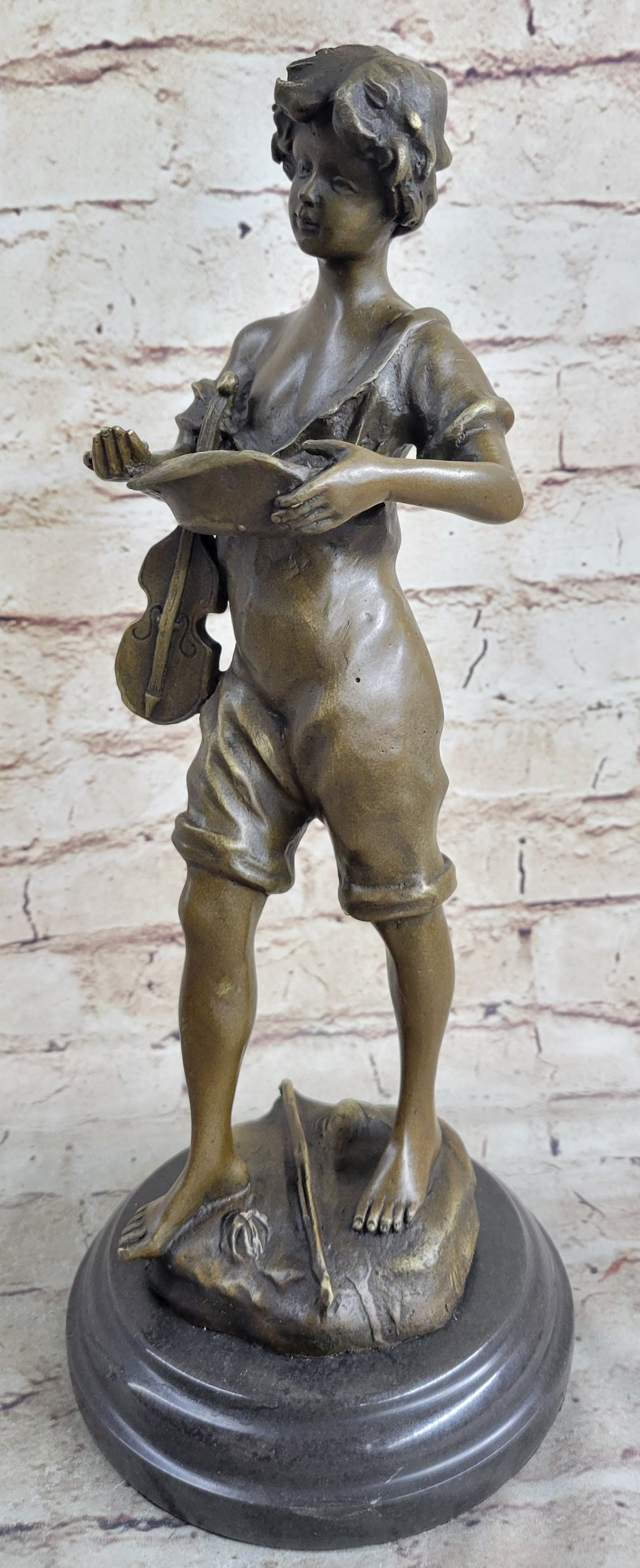 100% Solid Bronze Sculpture Boy and Violin
