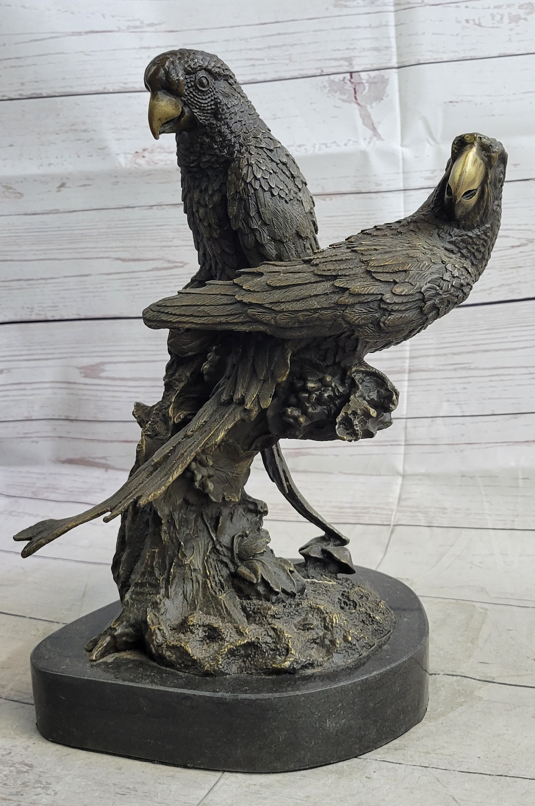 Pair of Parrots Bronze Sculpture on Marble Base Signed Milo