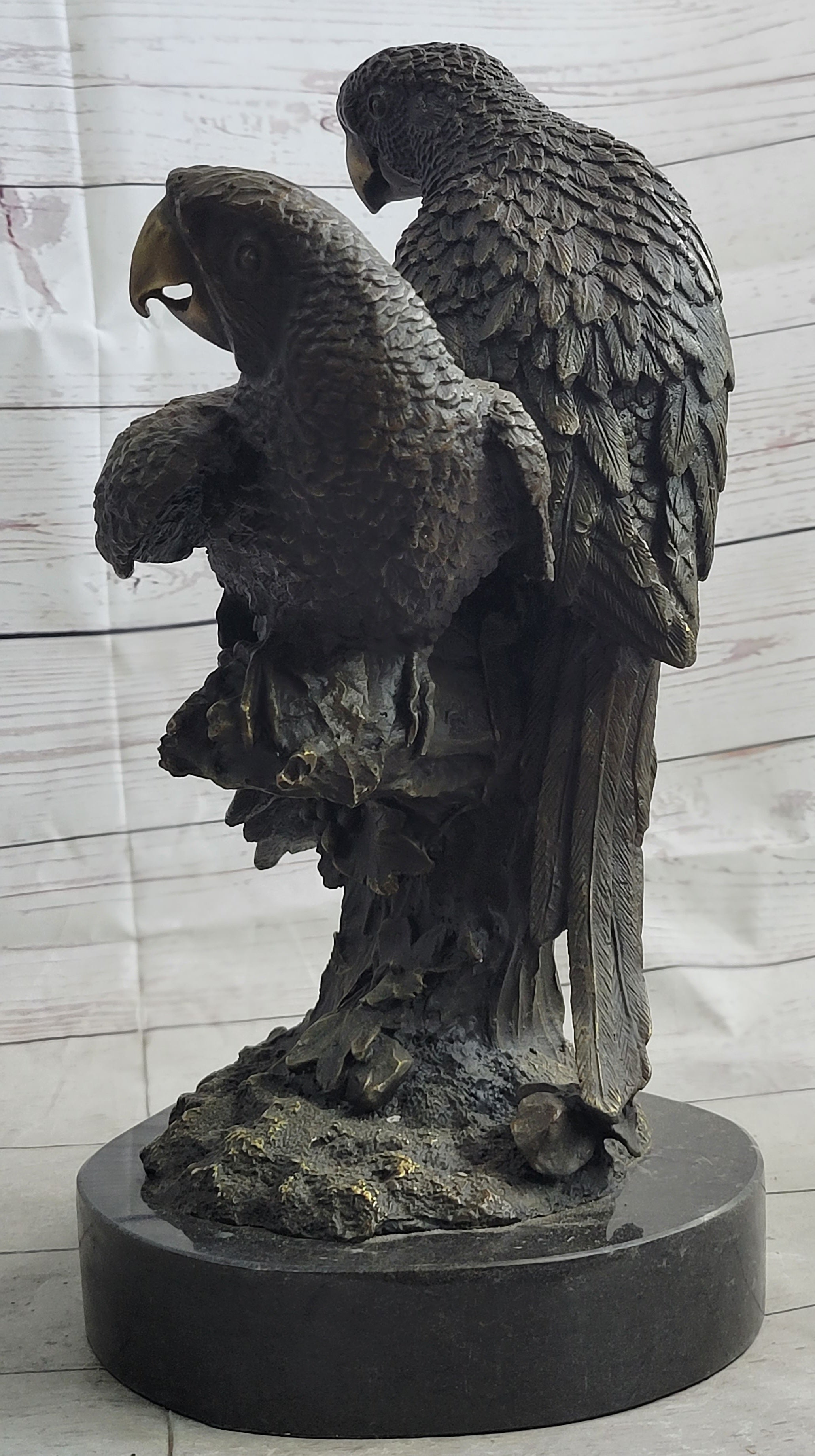 Pair of Parrots Bronze Sculpture on Marble Base Signed Milo