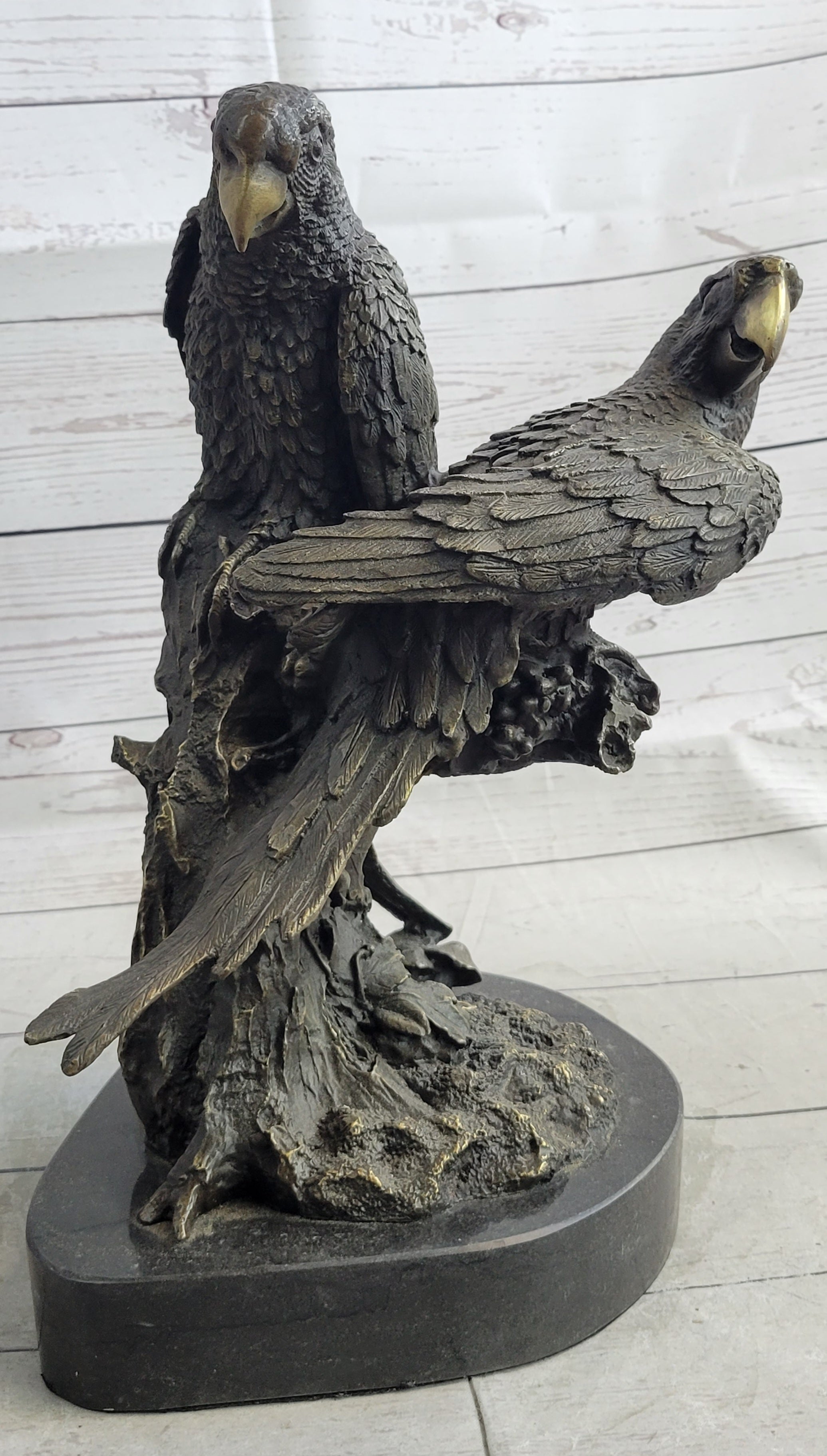 Pair of Parrots Bronze Sculpture on Marble Base Signed Milo
