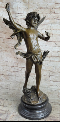 Signed Moreau Large Angel Cupid Love Bronze Sculpture