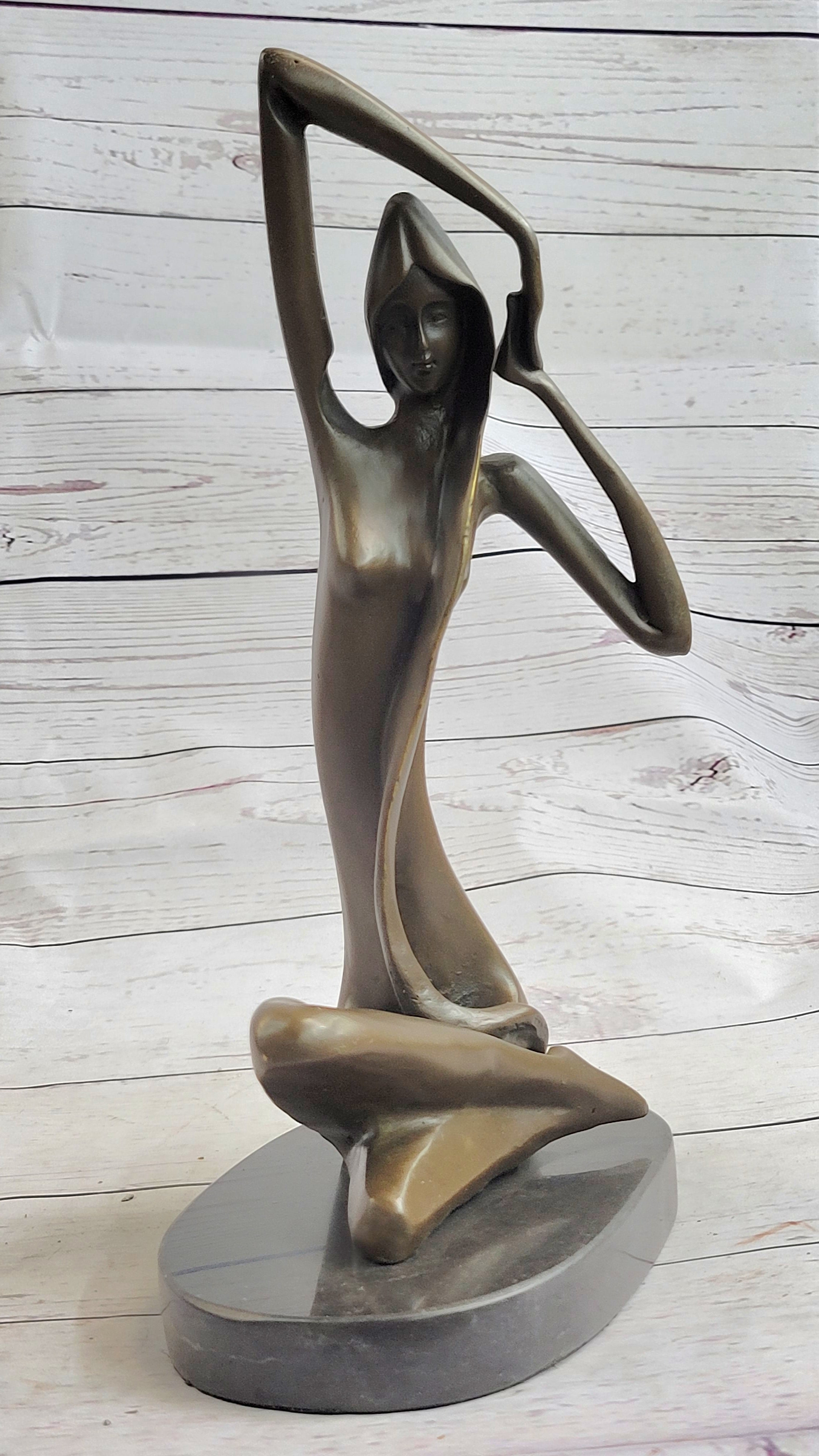 Signed Abstract Modern Art Nude Woman Stretches her Limbs Bronze