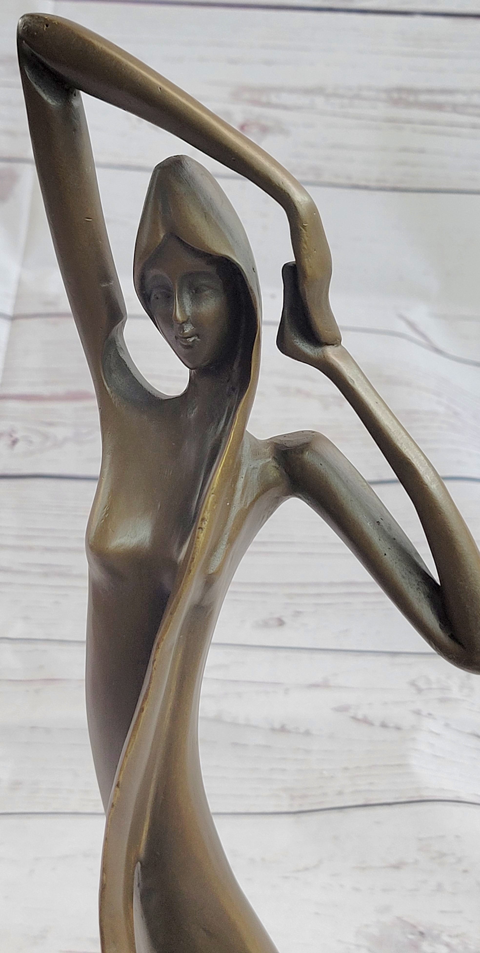 Signed Abstract Modern Art Nude Woman Stretches her Limbs Bronze