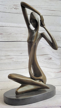 Signed Abstract Modern Art Nude Woman Stretches her Limbs Bronze