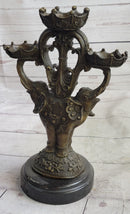 Two Headed Elephant Candle Holder Bronze Sculpture Marble Base