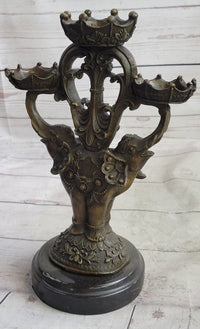 Two Headed Elephant Candle Holder Bronze Sculpture Marble Base