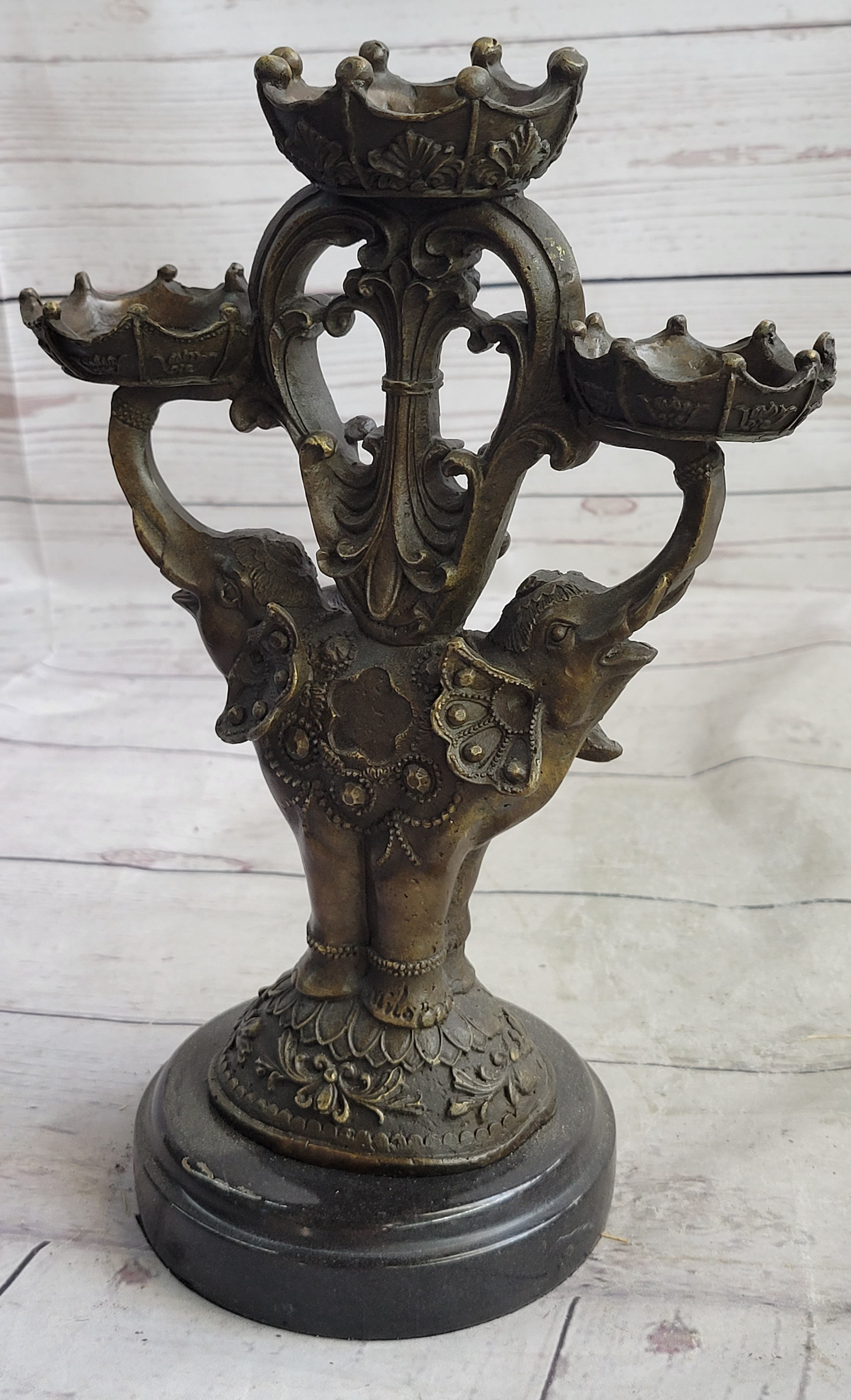 Two Headed Elephant Candle Holder Bronze Sculpture Marble Base