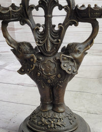 Two Headed Elephant Candle Holder Bronze Sculpture Marble Base