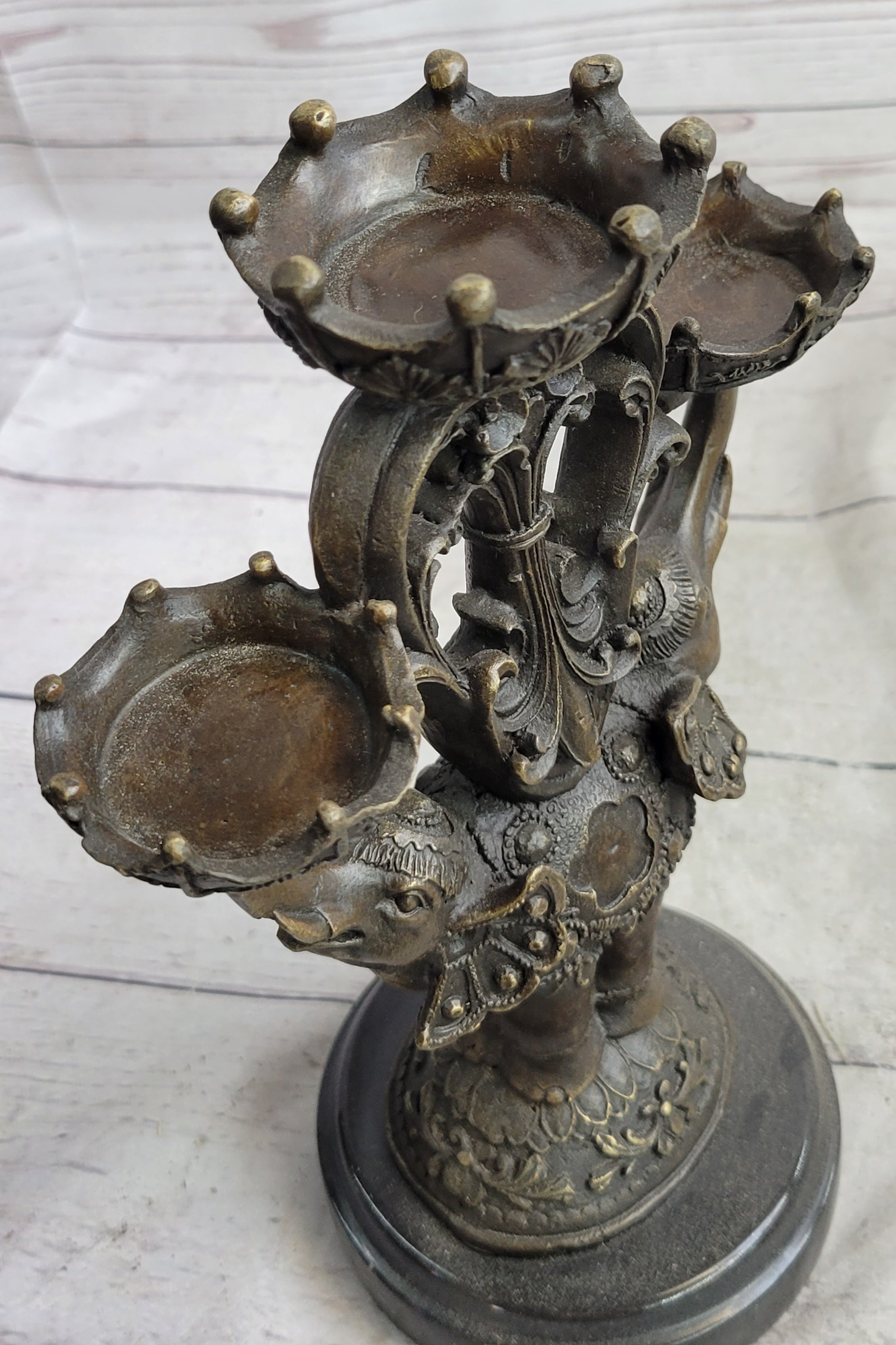 Two Headed Elephant Candle Holder Bronze Sculpture Marble Base