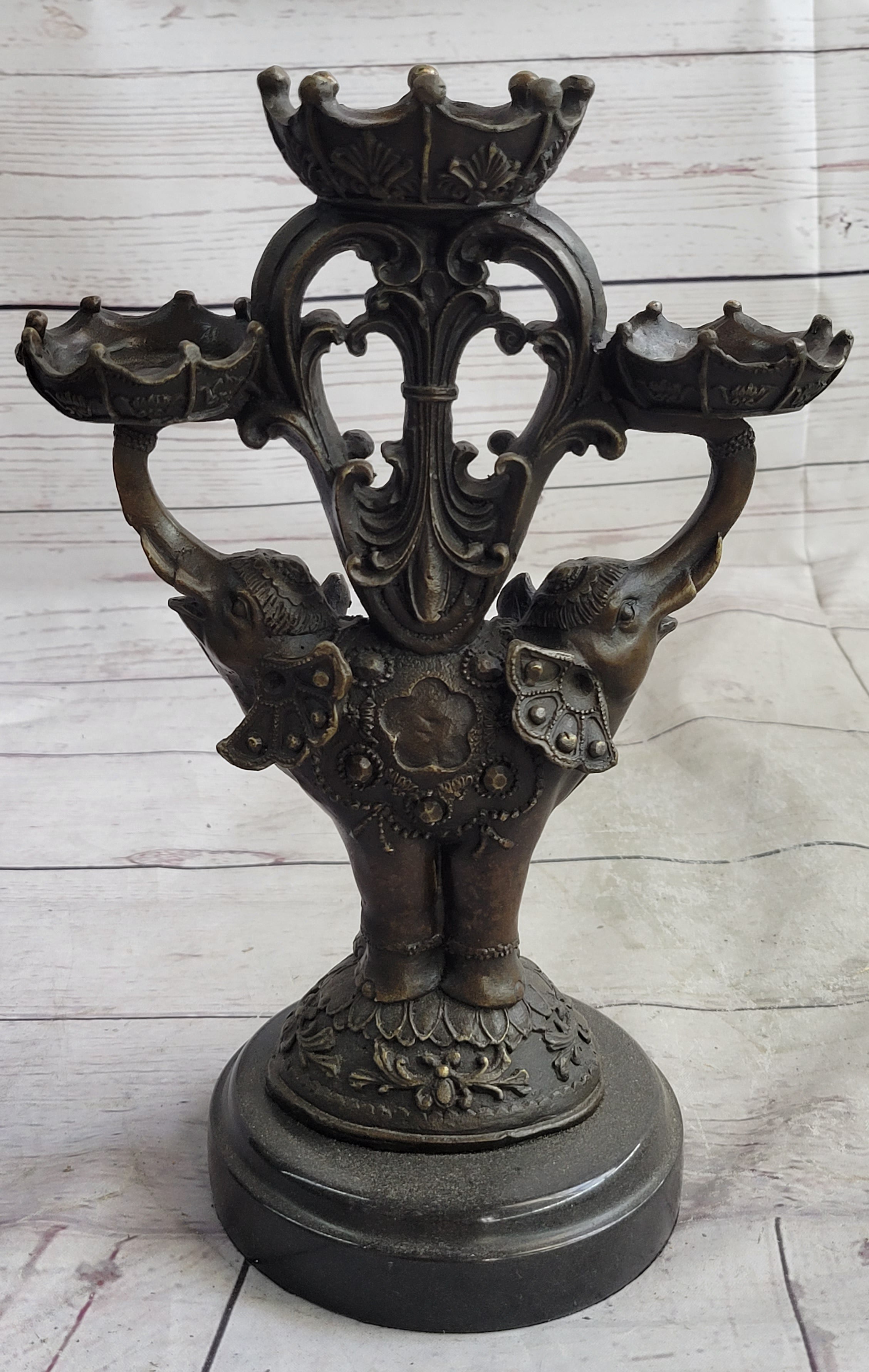 Two Headed Elephant Candle Holder Bronze Sculpture Marble Base