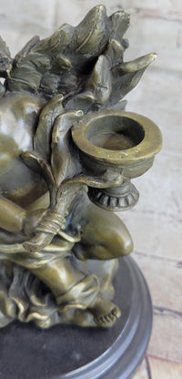 SIGNED BRONZE STATUE SCULPTURE DESK ANGEL CANDLEHOLDER FIGURINE ART DECO FIGURE