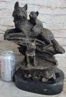 Family of Wolves Mother Wolf & Cubs Bronze Sculpture Marble Base