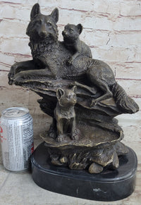 Family of Wolves Mother Wolf & Cubs Bronze Sculpture Marble Base