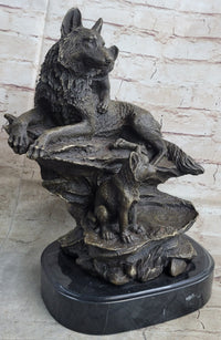 Family of Wolves Mother Wolf & Cubs Bronze Sculpture Marble Base