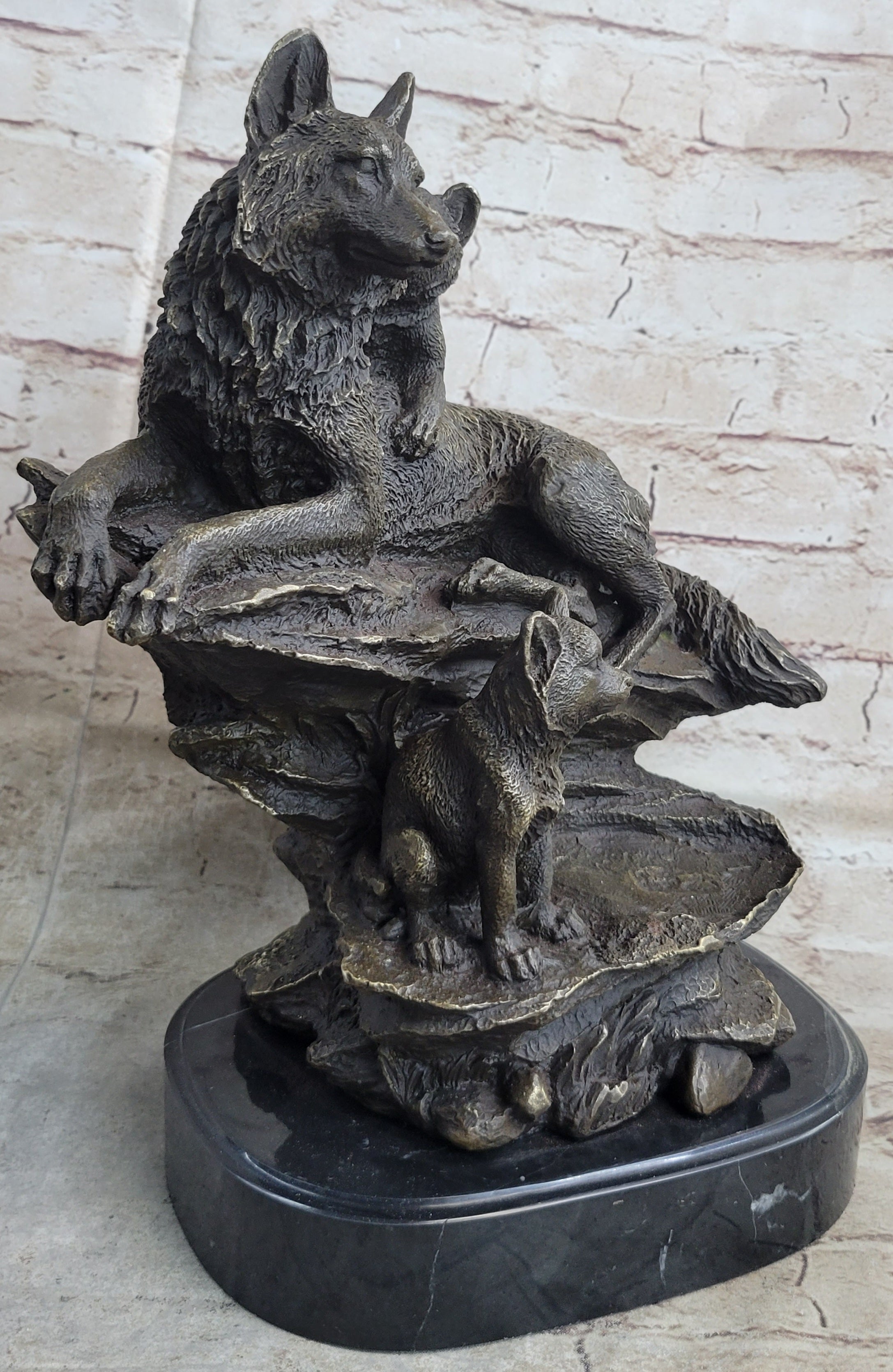 Family of Wolves Mother Wolf & Cubs Bronze Sculpture Marble Base