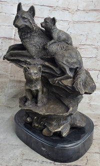 Family of Wolves Mother Wolf & Cubs Bronze Sculpture Marble Base