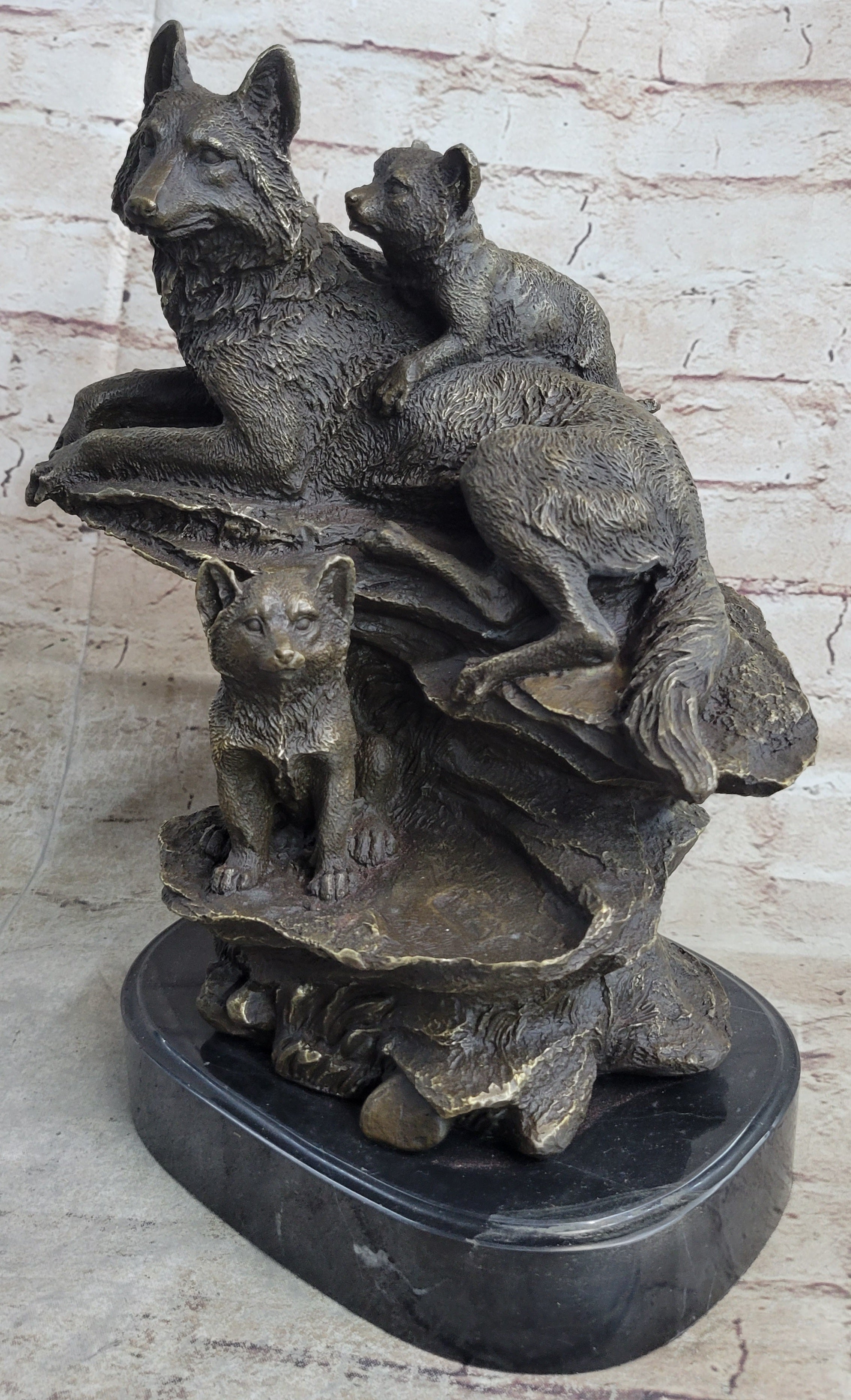 Family of Wolves Mother Wolf & Cubs Bronze Sculpture Marble Base