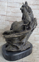 Family of Wolves Mother Wolf & Cubs Bronze Sculpture Marble Base