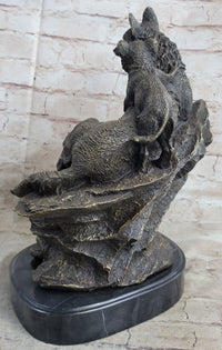 Family of Wolves Mother Wolf & Cubs Bronze Sculpture Marble Base