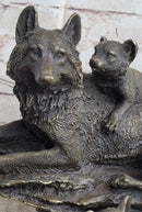 Family of Wolves Mother Wolf & Cubs Bronze Sculpture Marble Base