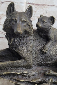 Family of Wolves Mother Wolf & Cubs Bronze Sculpture Marble Base