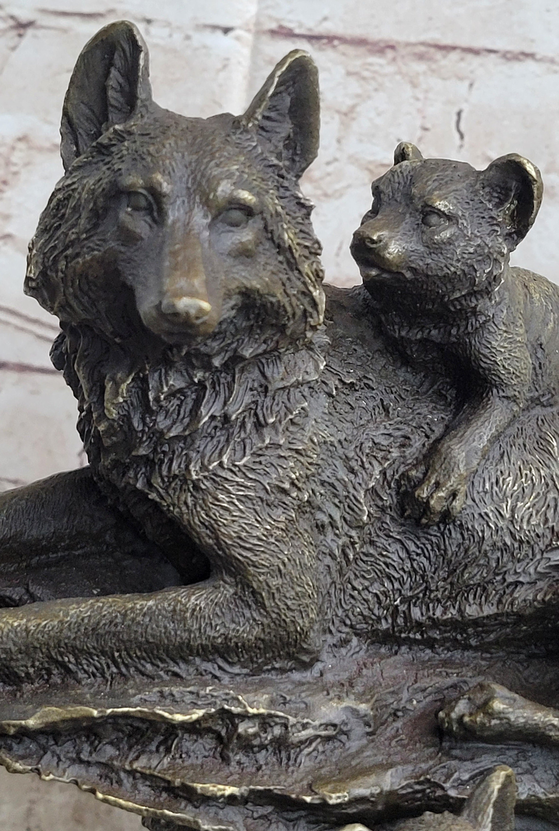 Family of Wolves Mother Wolf & Cubs Bronze Sculpture Marble Base