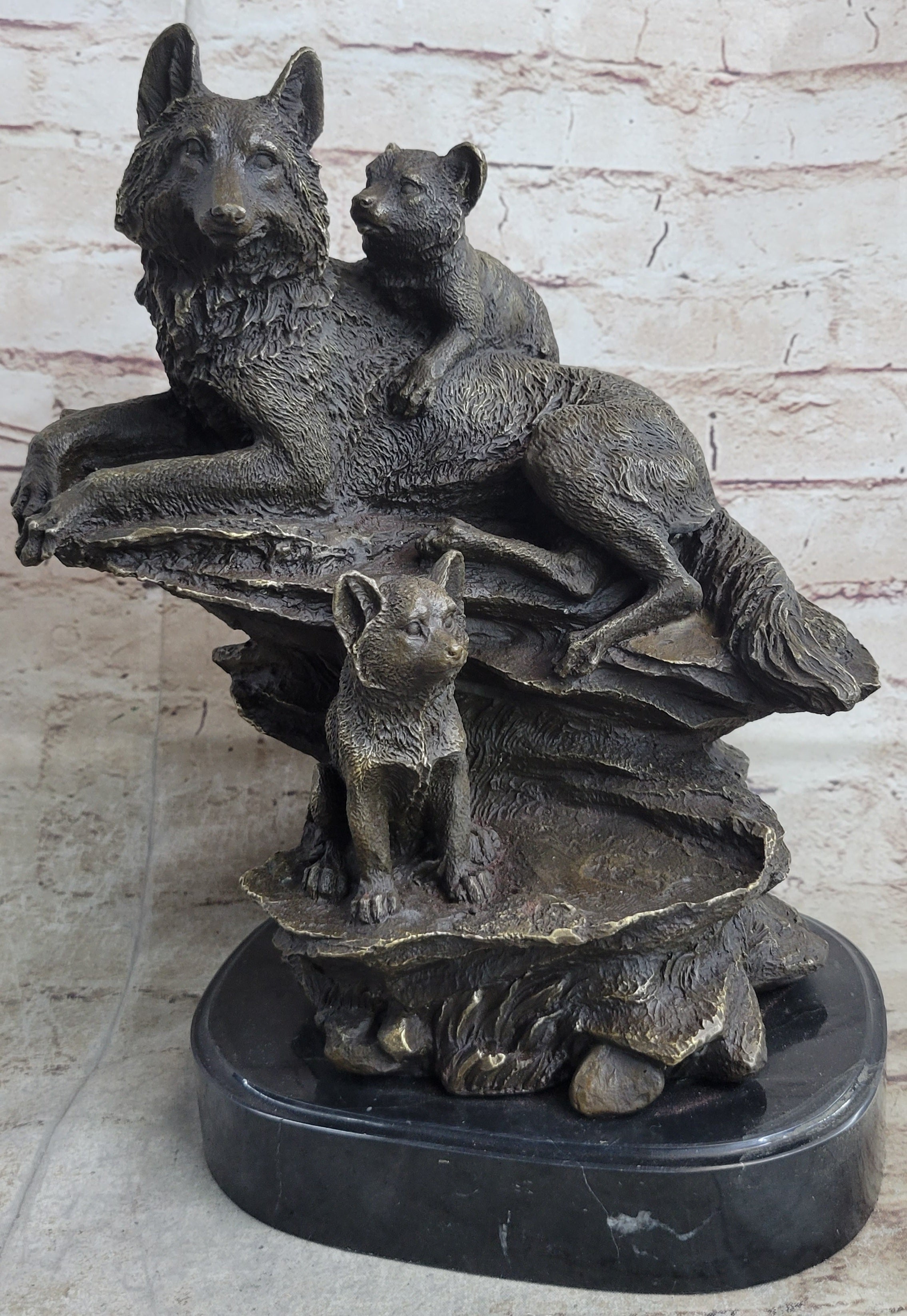 Family of Wolves Mother Wolf & Cubs Bronze Sculpture Marble Base