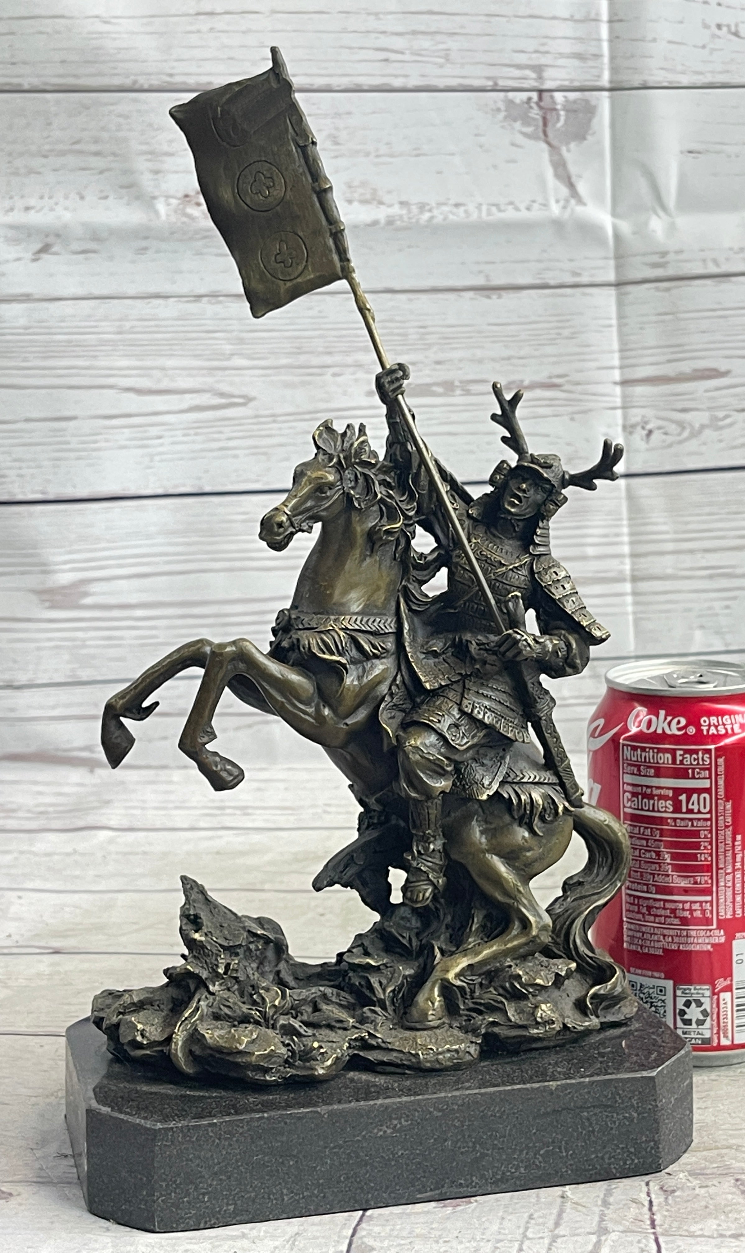 Japanese Samurai Warrior on Horseback w/ Battle Flag Bronze by Kamiko