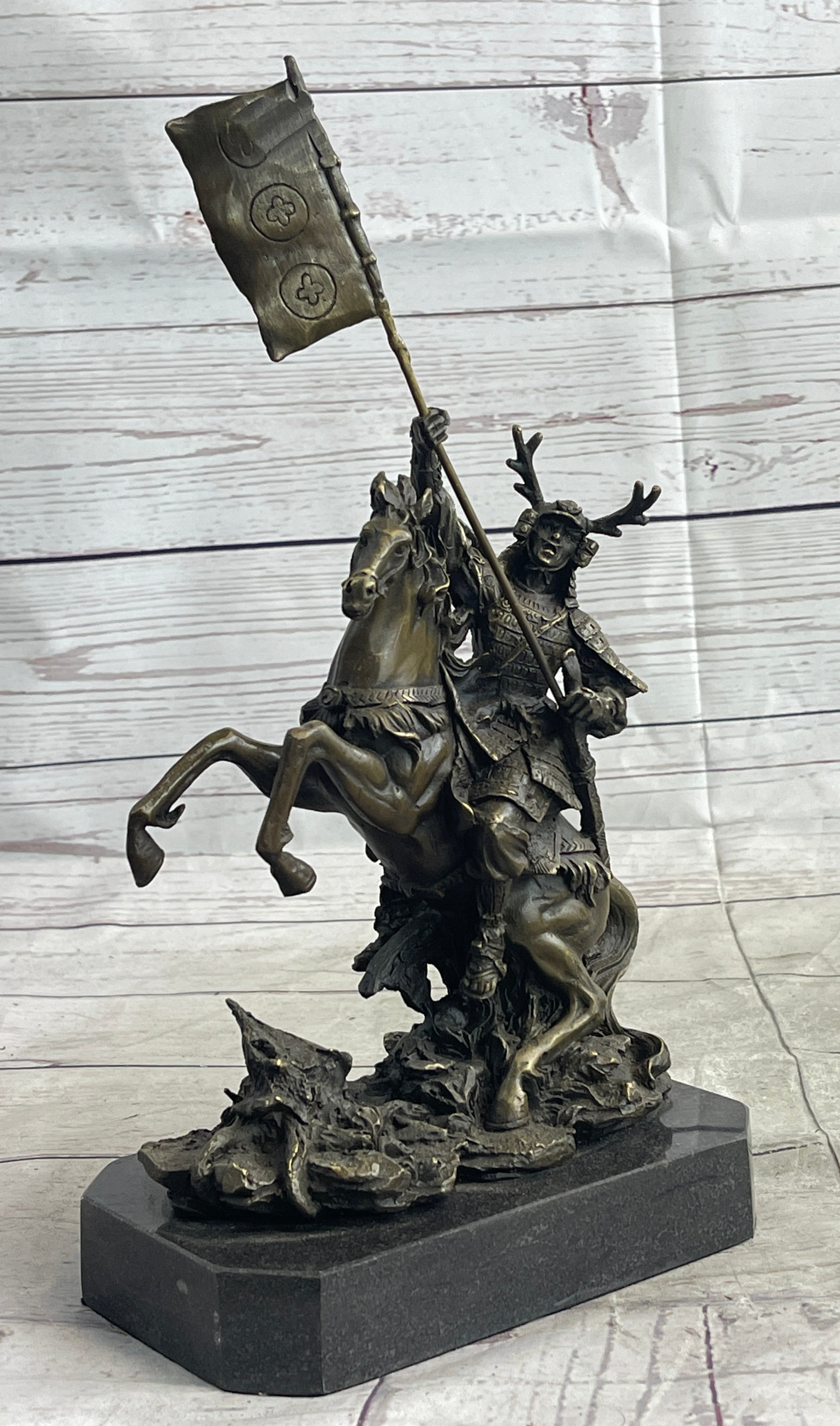 Japanese Samurai Warrior on Horseback w/ Battle Flag Bronze by Kamiko