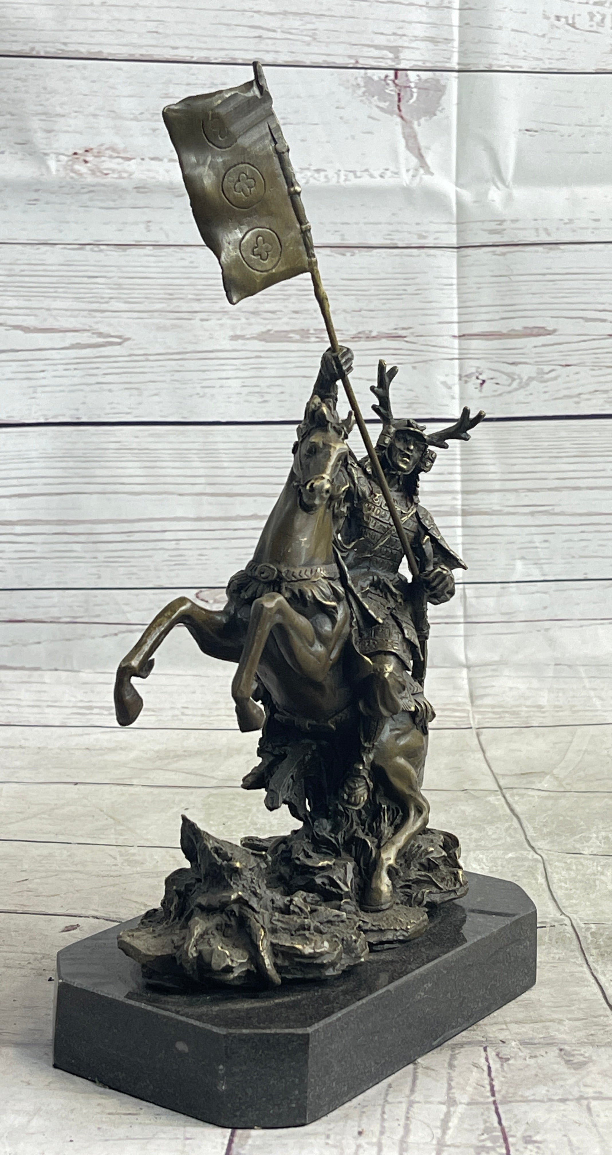 Japanese Samurai Warrior on Horseback w/ Battle Flag Bronze by Kamiko