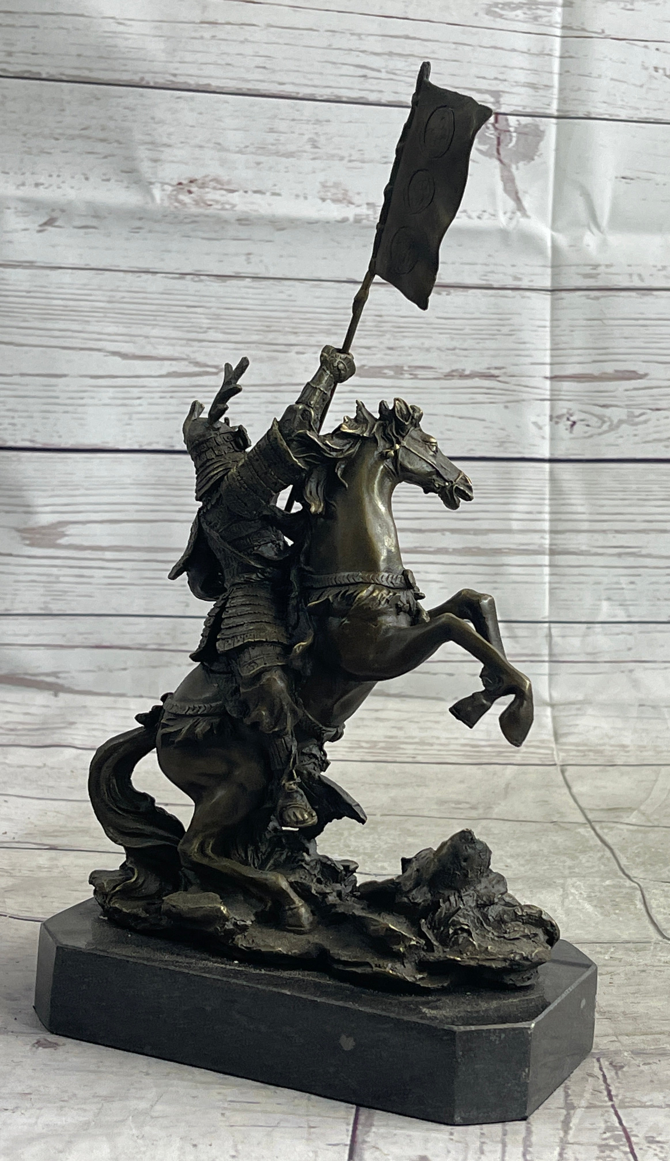 Japanese Samurai Warrior on Horseback w/ Battle Flag Bronze by Kamiko