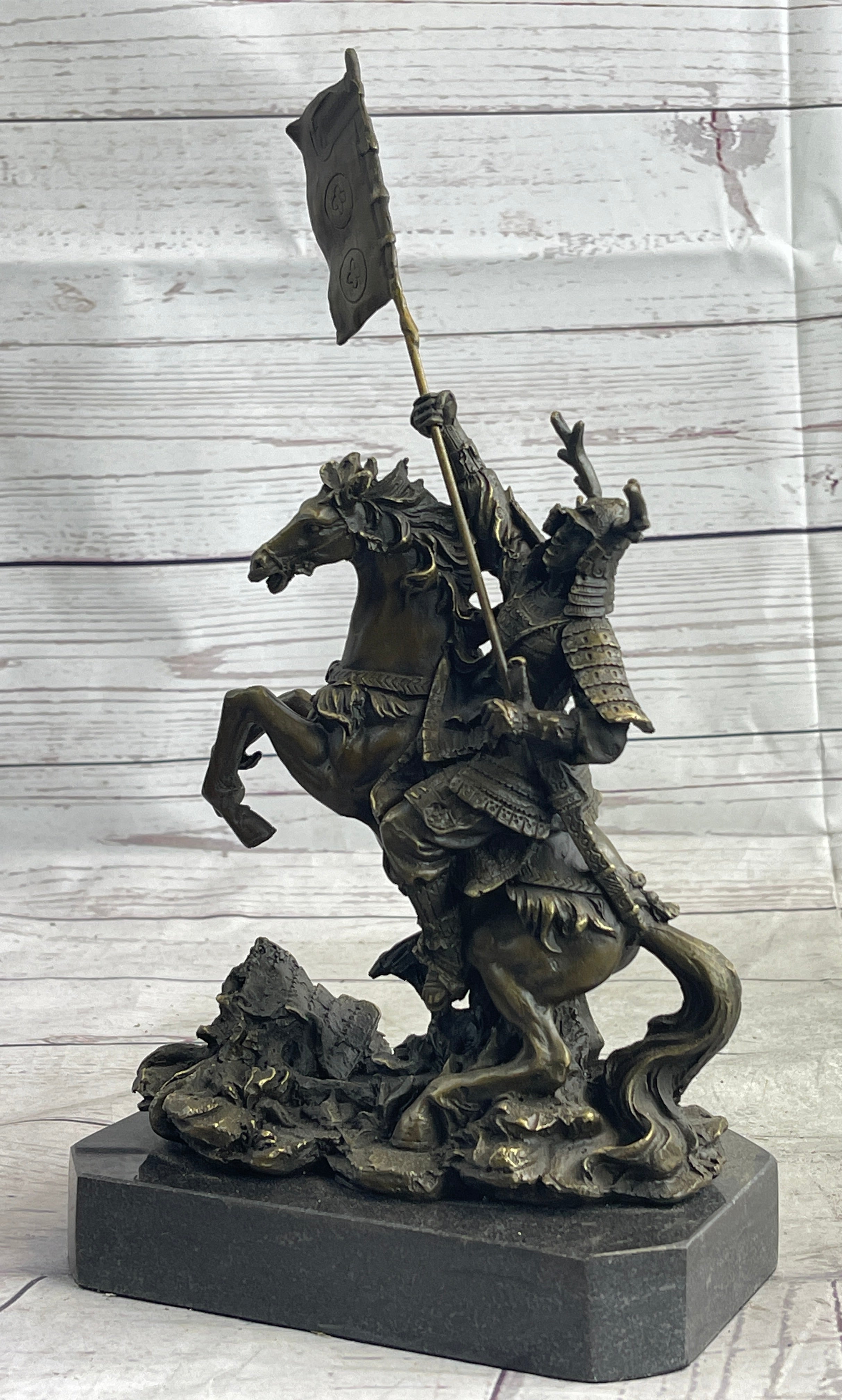 Japanese Samurai Warrior on Horseback w/ Battle Flag Bronze by Kamiko