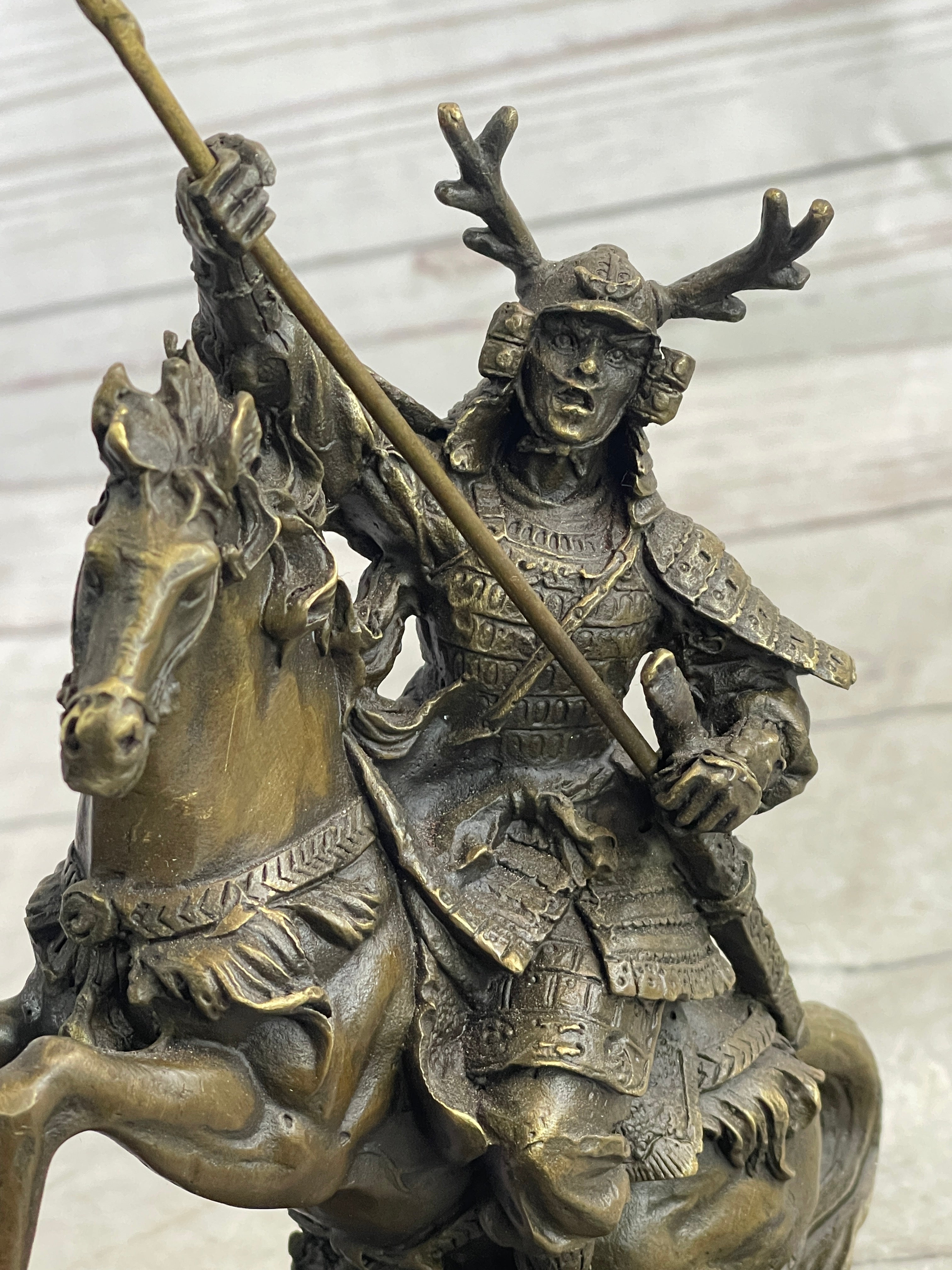 Japanese Samurai Warrior on Horseback w/ Battle Flag Bronze by Kamiko