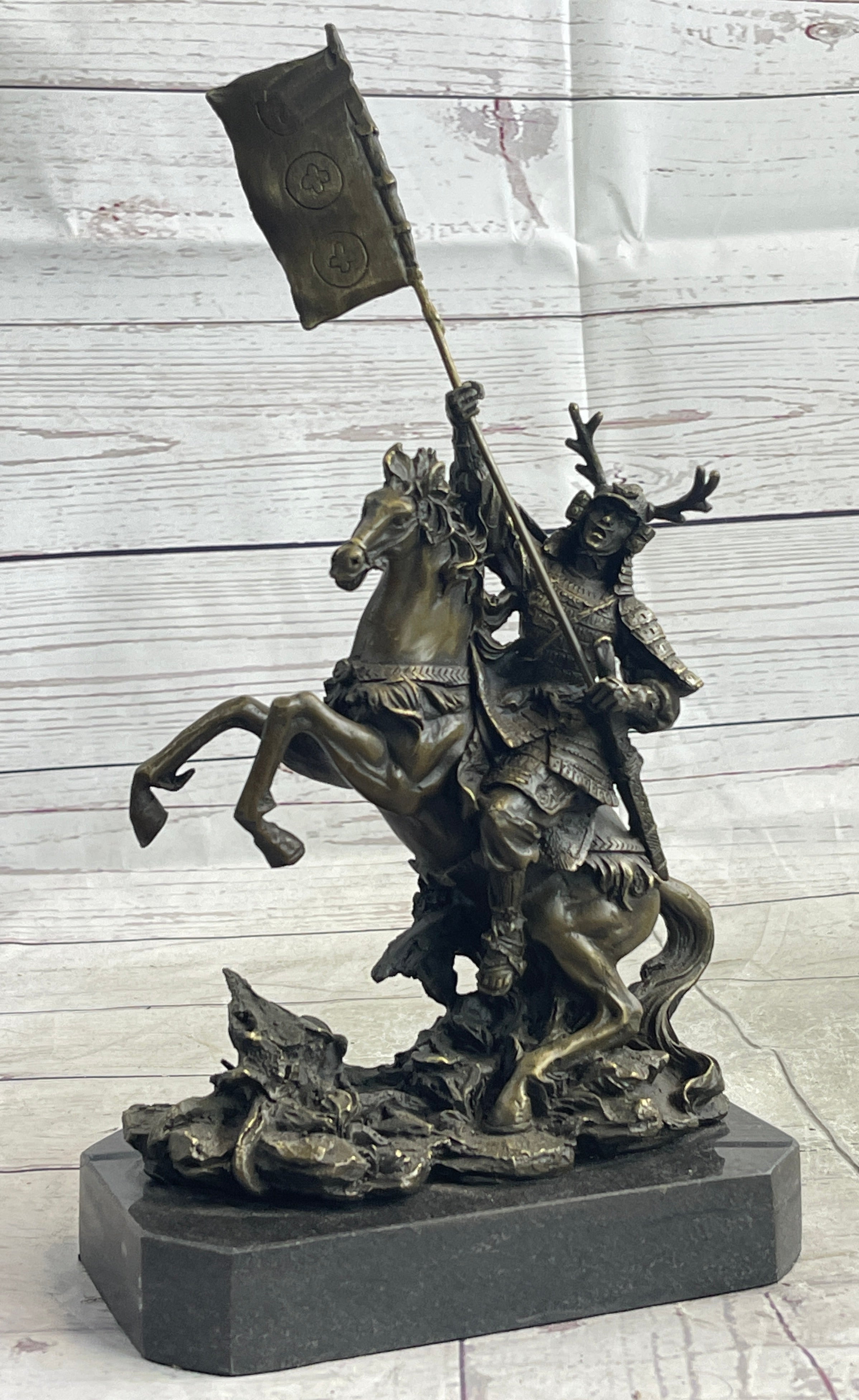 Japanese Samurai Warrior on Horseback w/ Battle Flag Bronze by Kamiko