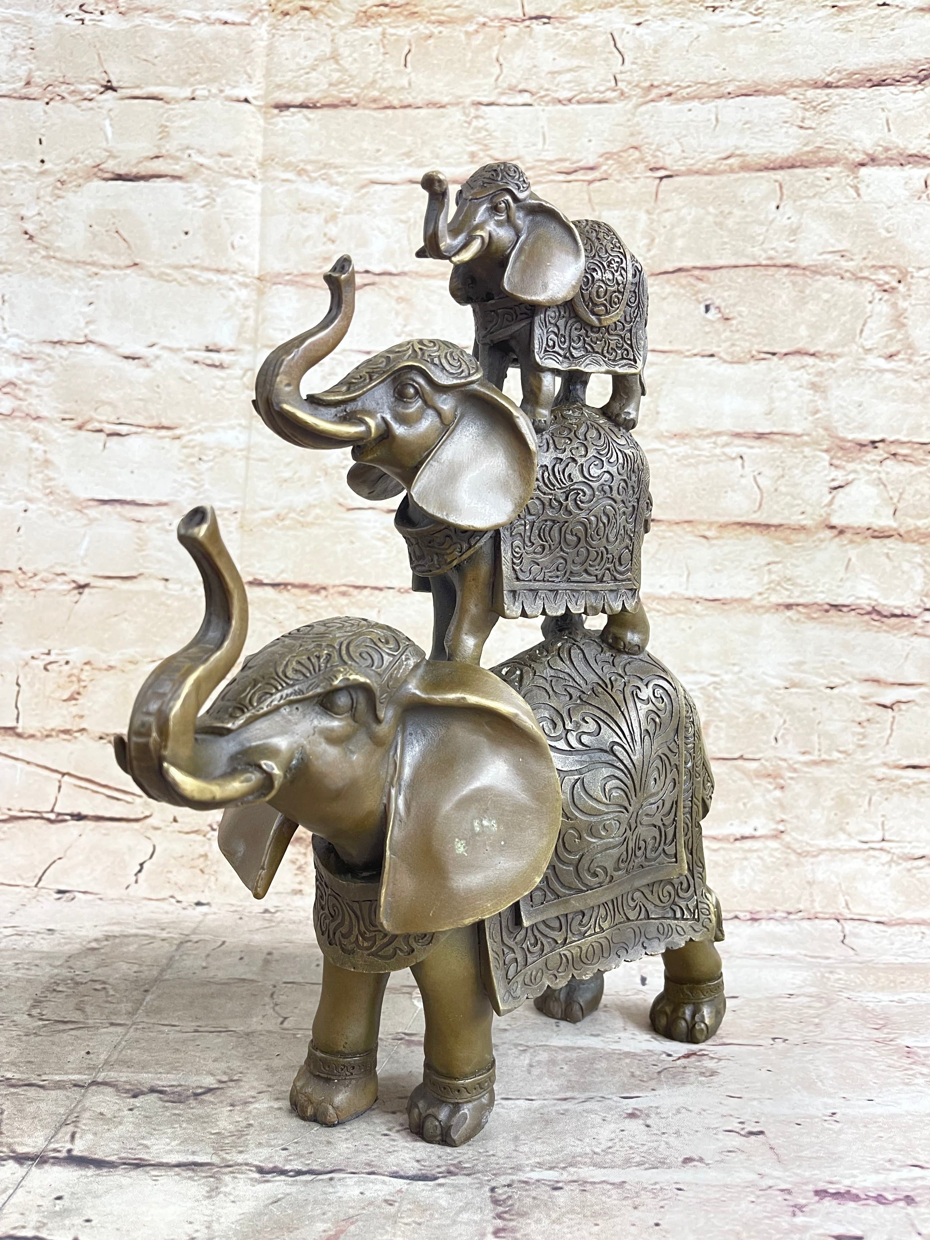 Stacked 3 Lucky Elephants Bronze Metal 12" x 12" Sculpture