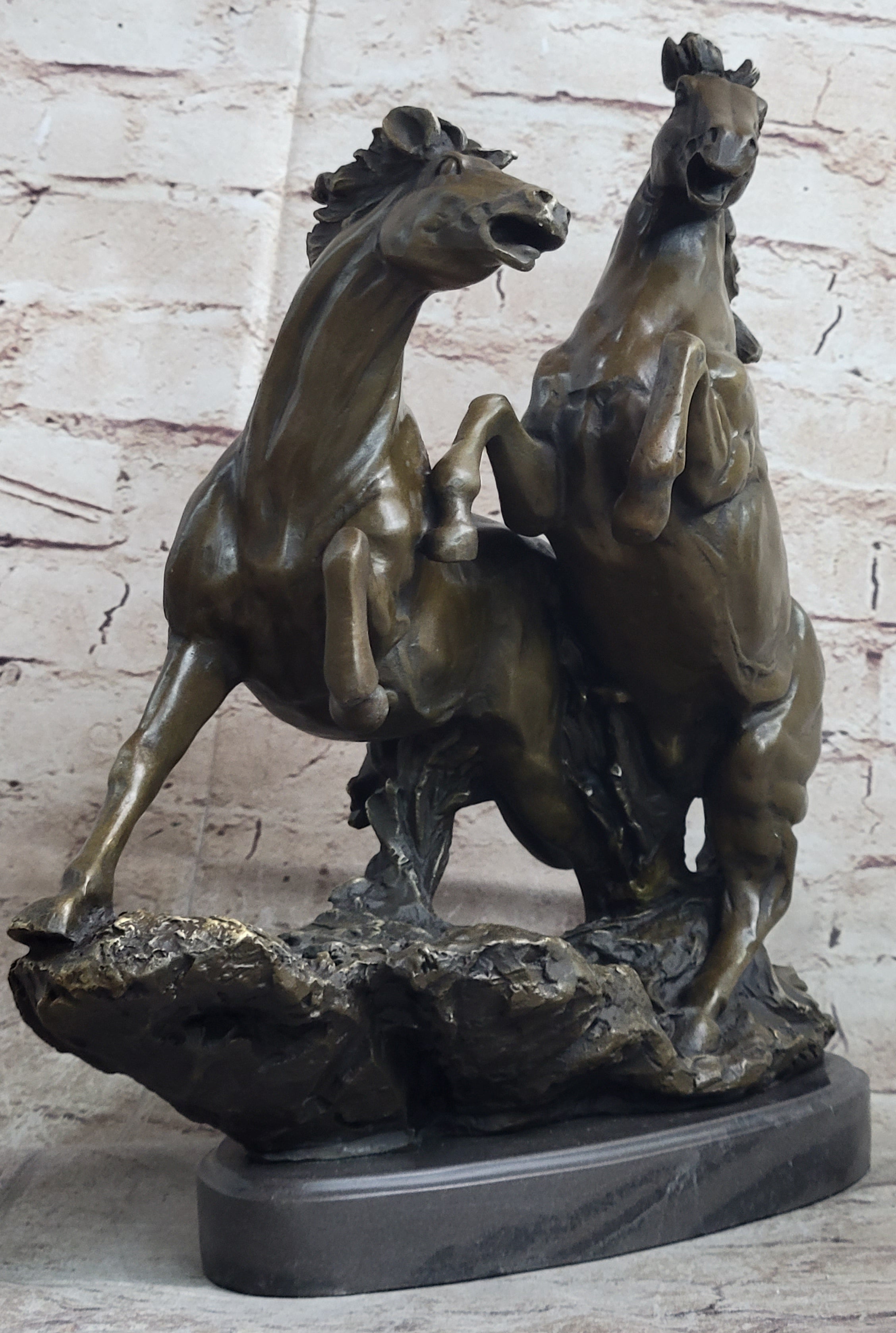 Wild Stallion Mustang Horses Bronze Sculpture Mene 14" x 12"