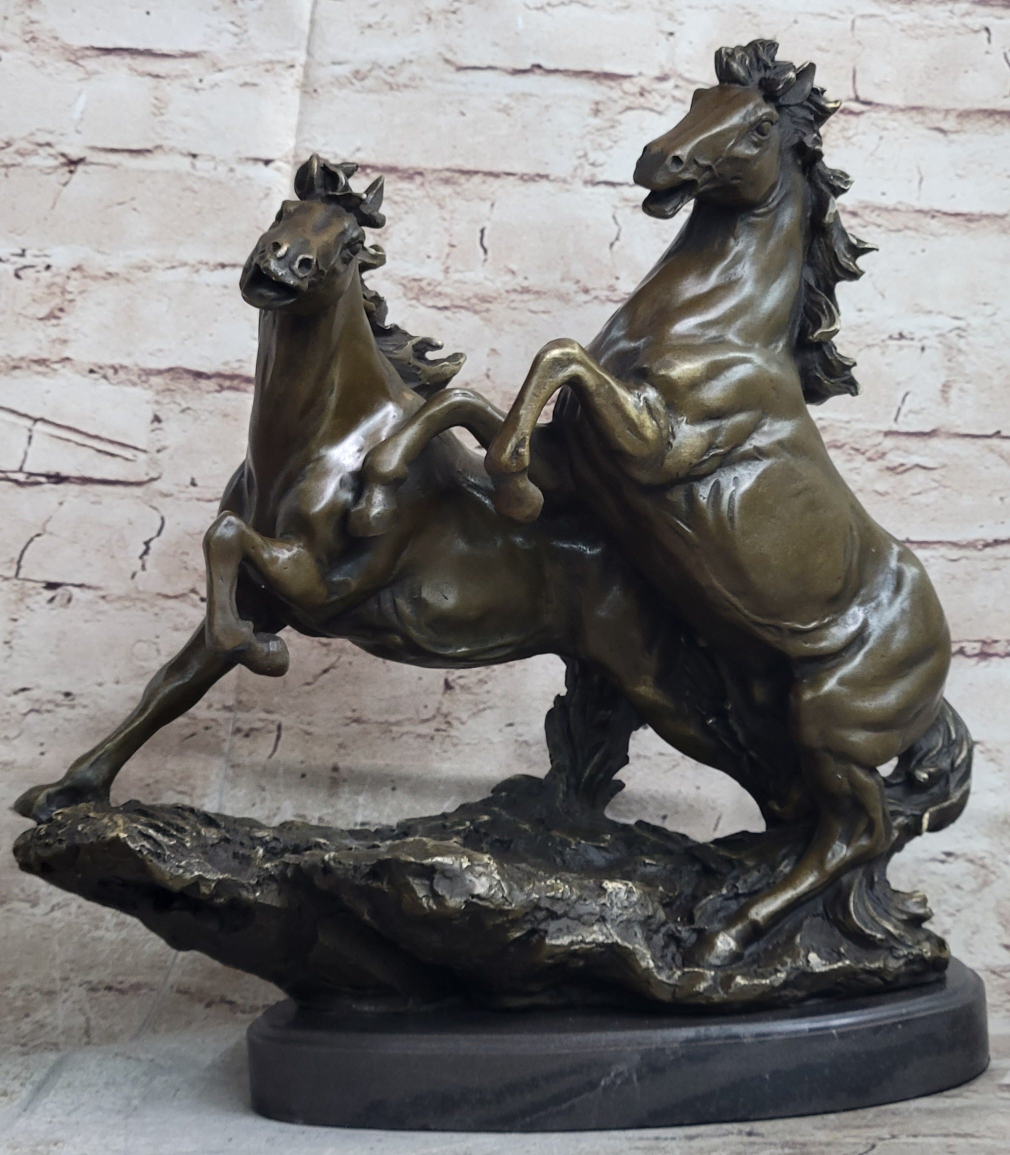 Wild Stallion Mustang Horses Bronze Sculpture Mene 14" x 12"