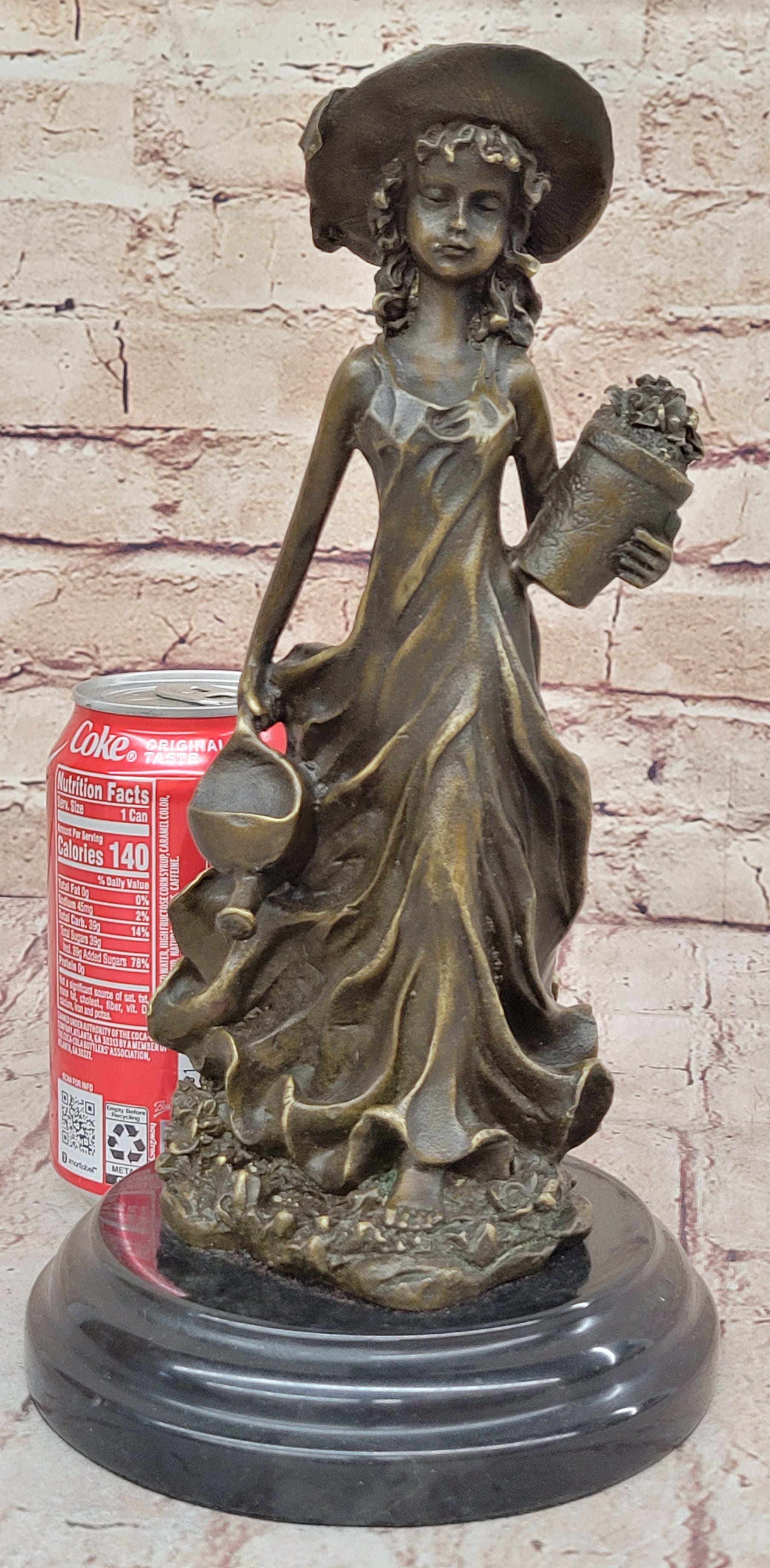 19th Century Girl in Hat w/ Watering Can - Bronze by Jean Patoue
