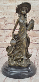 19th Century Girl in Hat w/ Watering Can - Bronze by Jean Patoue