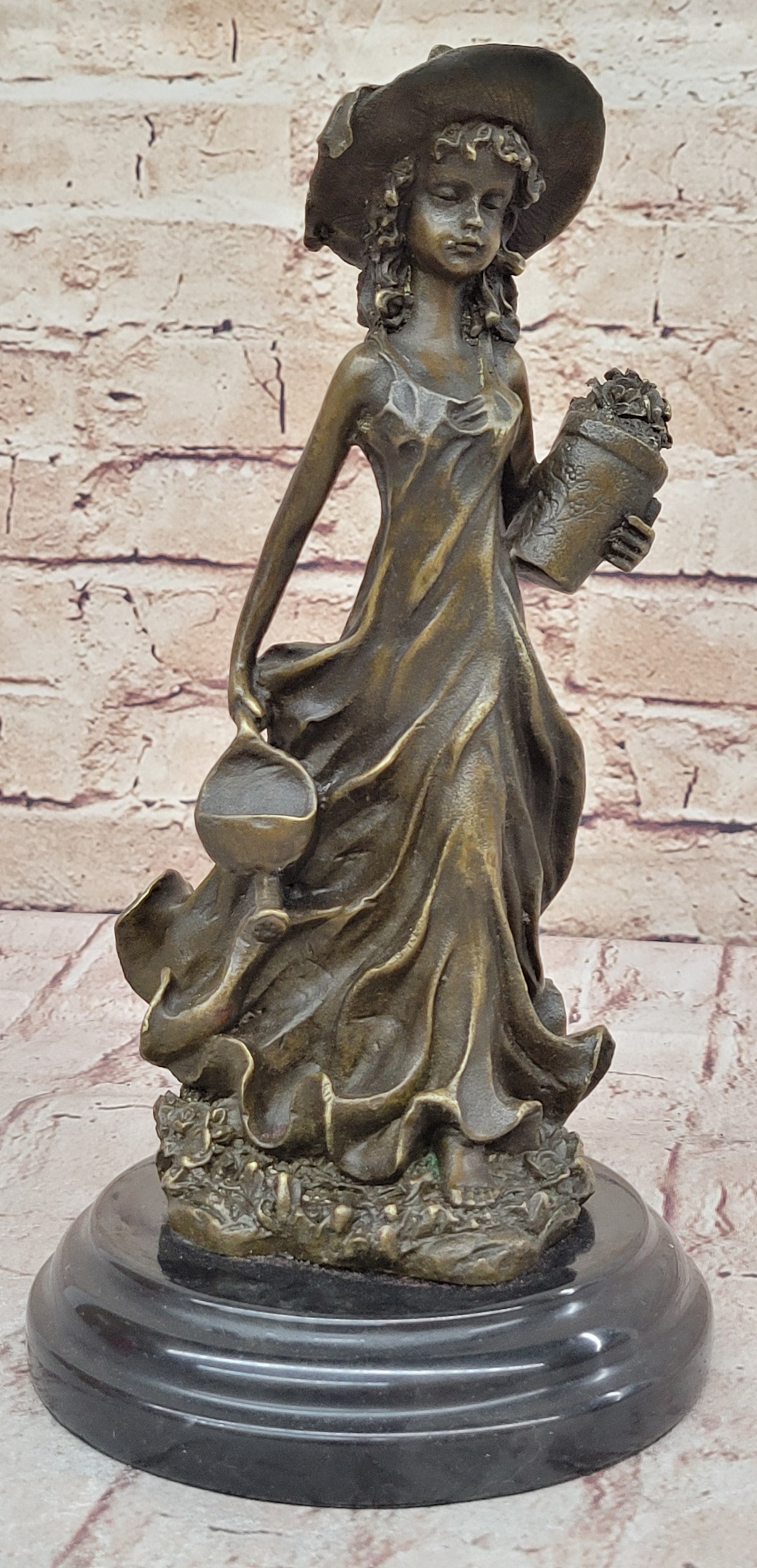 19th Century Girl in Hat w/ Watering Can - Bronze by Jean Patoue