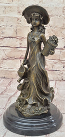 19th Century Girl in Hat w/ Watering Can - Bronze by Jean Patoue