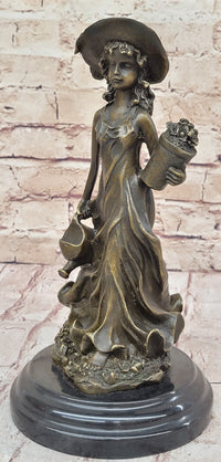 19th Century Girl in Hat w/ Watering Can - Bronze by Jean Patoue