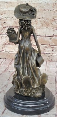 19th Century Girl in Hat w/ Watering Can - Bronze by Jean Patoue