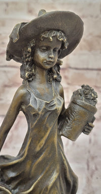 19th Century Girl in Hat w/ Watering Can - Bronze by Jean Patoue