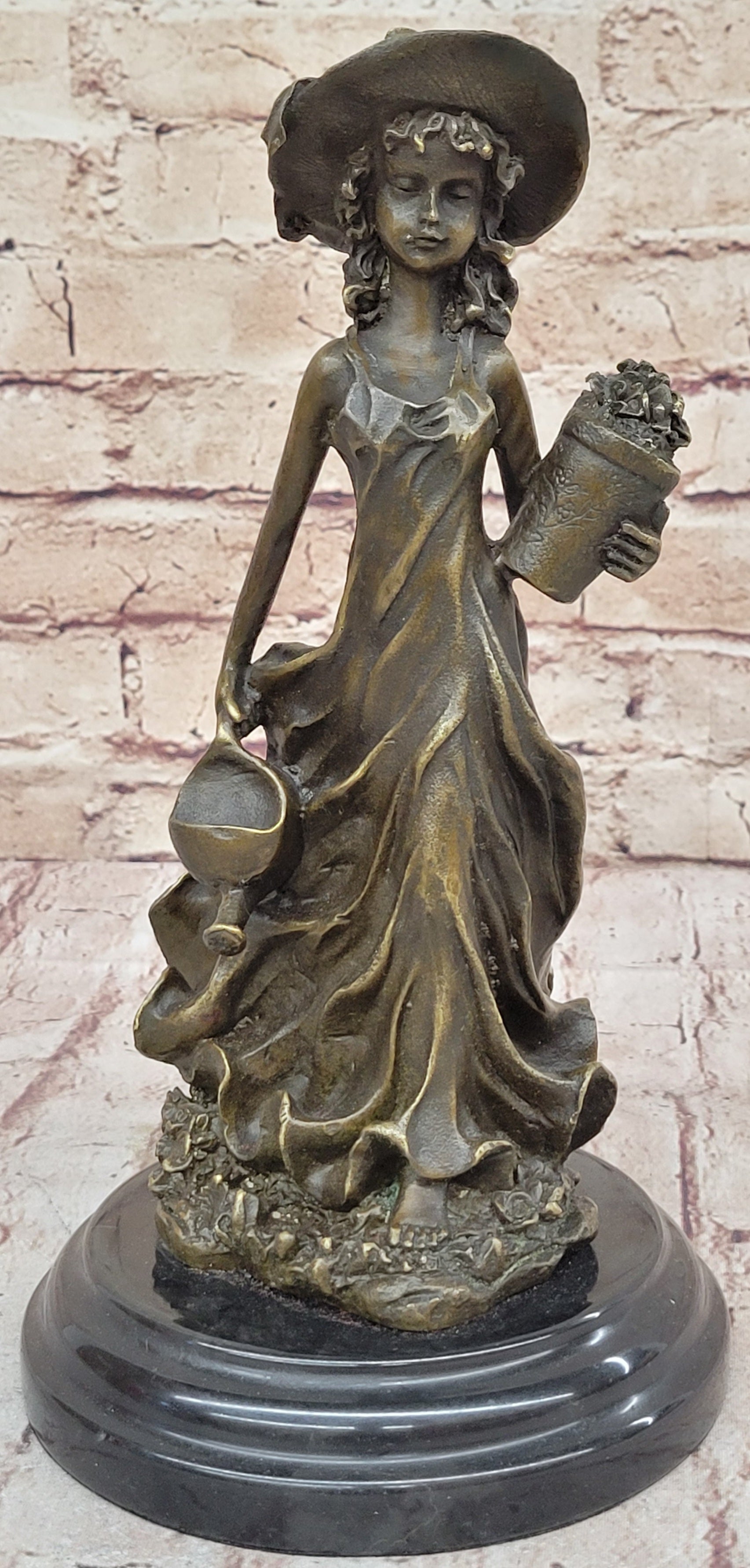 19th Century Girl in Hat w/ Watering Can - Bronze by Jean Patoue