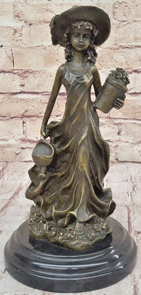 19th Century Girl in Hat w/ Watering Can - Bronze by Jean Patoue