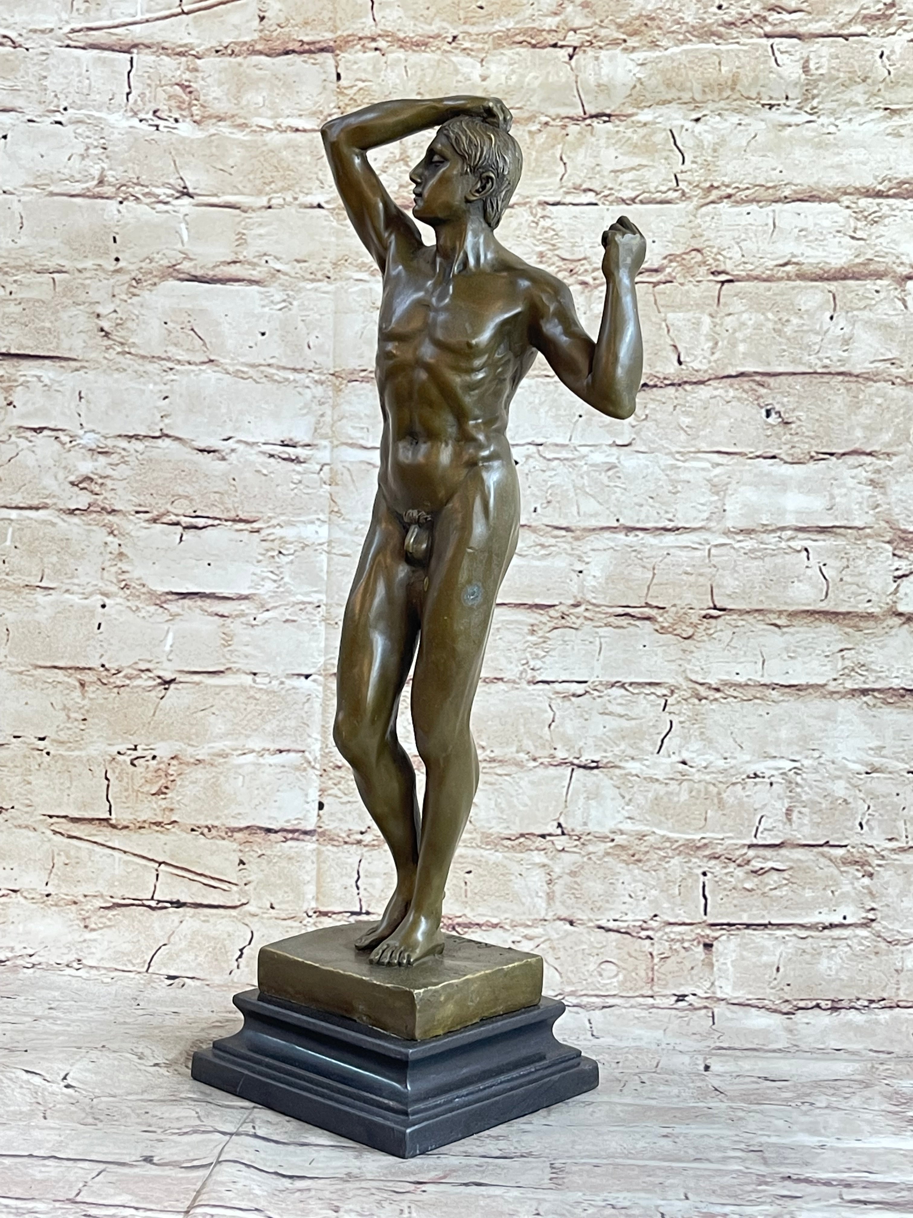 SIGNED VINTAGE CLASSICAL BRONZE SCULPTURE STATUE EROTIC ART DECO NUDE MALE GAY