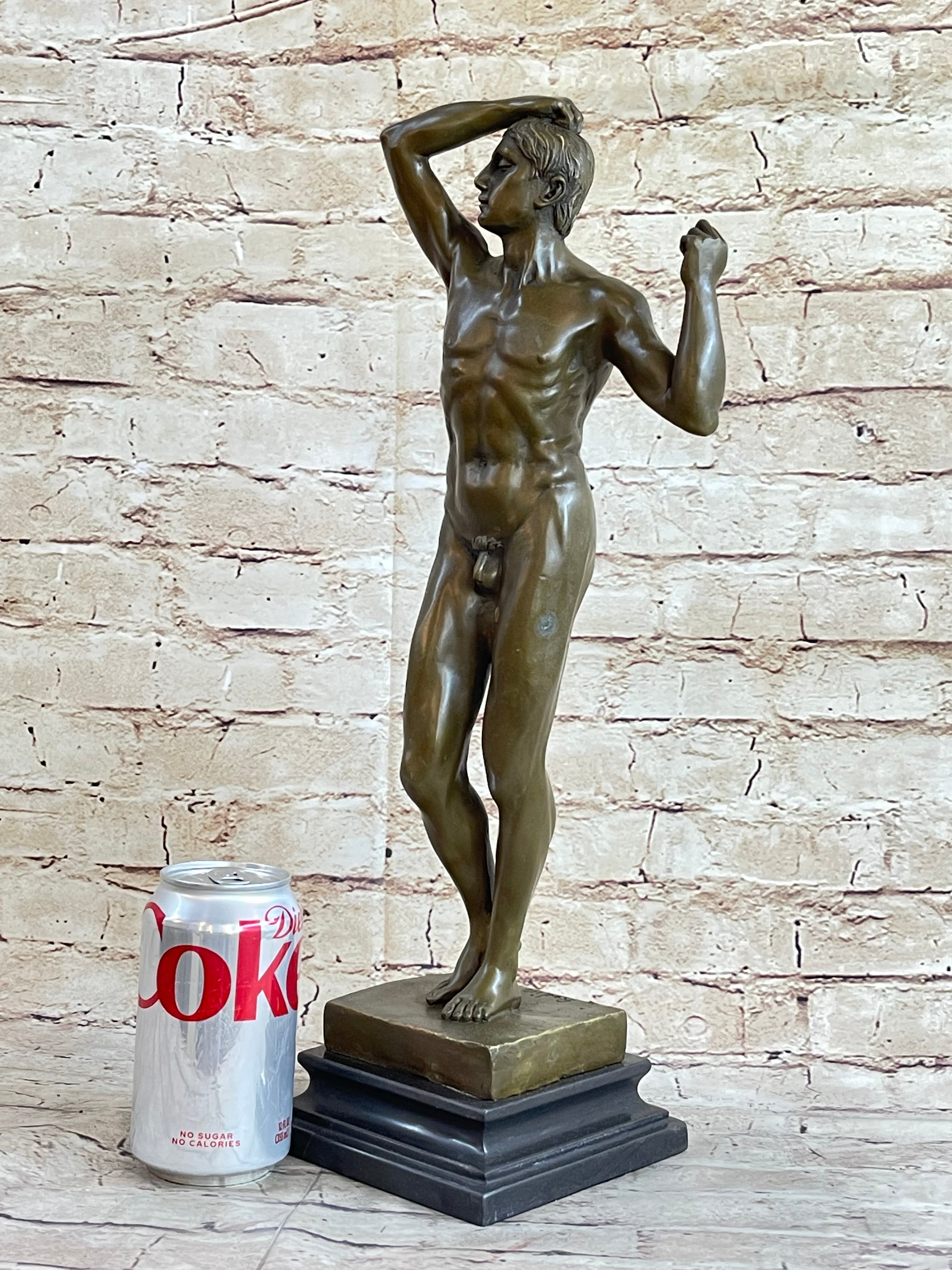 SIGNED VINTAGE CLASSICAL BRONZE SCULPTURE STATUE EROTIC ART DECO NUDE MALE GAY