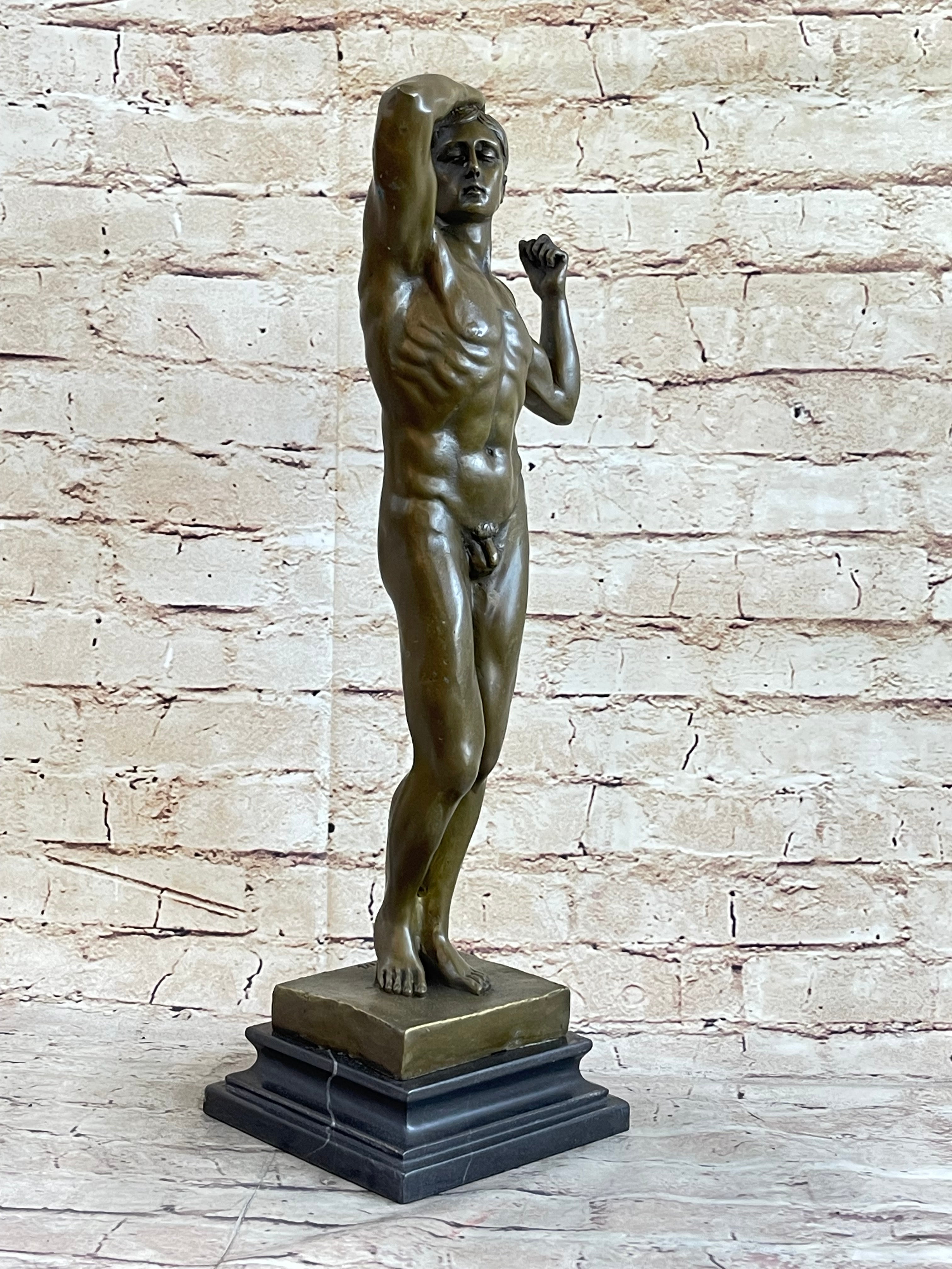SIGNED VINTAGE CLASSICAL BRONZE SCULPTURE STATUE EROTIC ART DECO NUDE MALE GAY