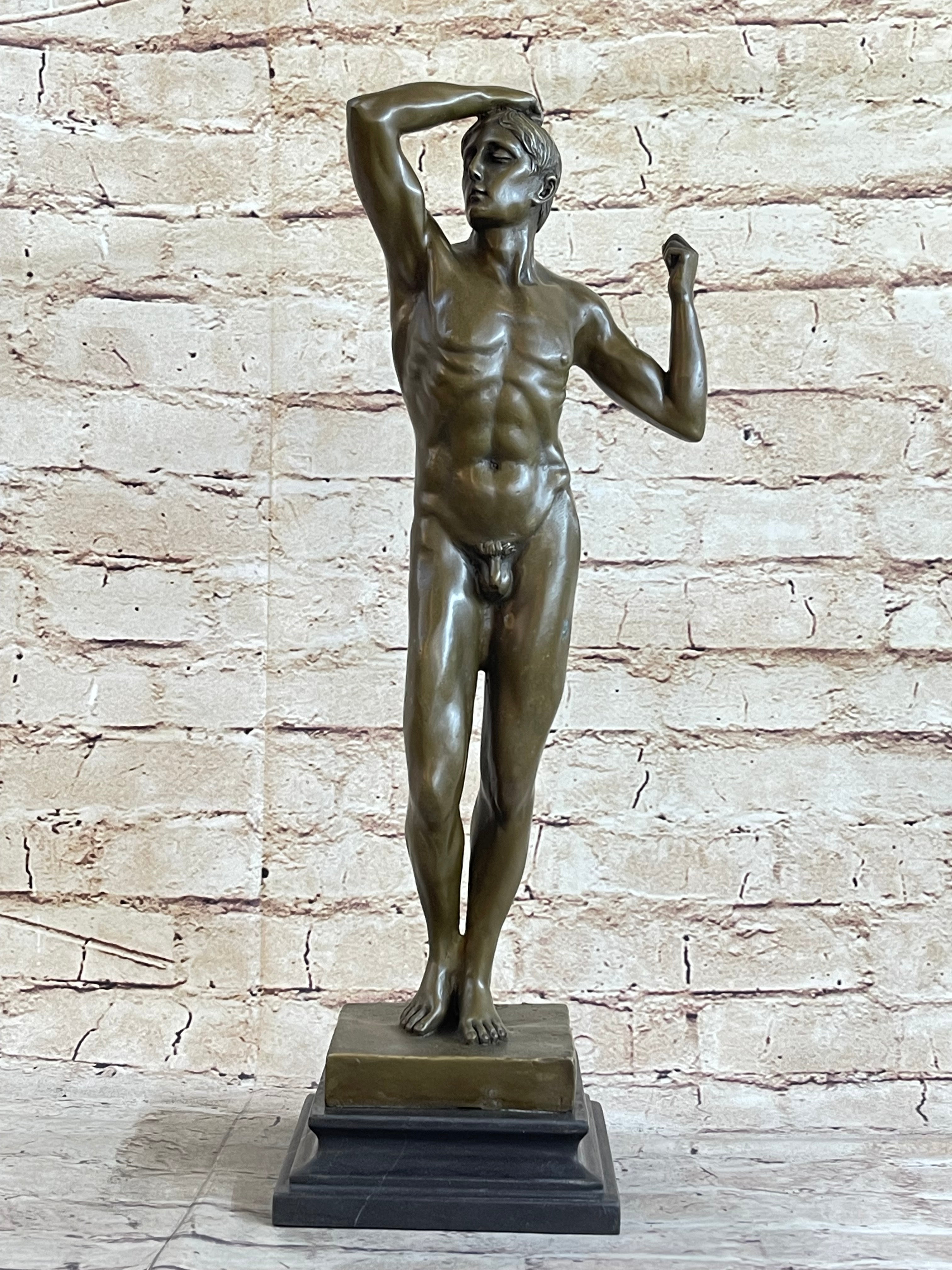 SIGNED VINTAGE CLASSICAL BRONZE SCULPTURE STATUE EROTIC ART DECO NUDE MALE GAY
